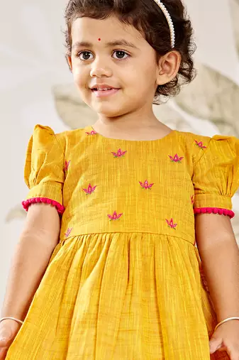 Girl's traditional janmashtami outfit - mustard cotton kurta dhoti set with thread embroidery floral print (size 22-30)