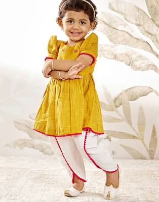 Girl's traditional janmashtami outfit - mustard cotton kurta dhoti set with thread embroidery floral print (size 22-30) 3