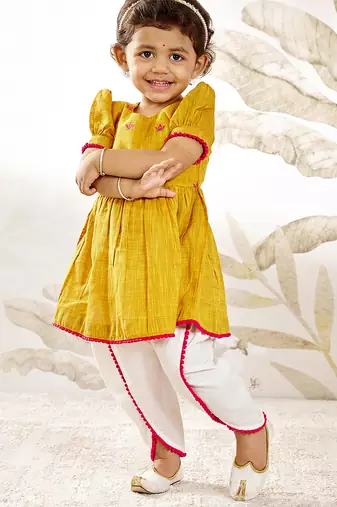 Girl's traditional janmashtami outfit - mustard cotton kurta dhoti set with thread embroidery floral print (size 22-30)