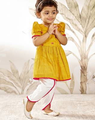 Girl's traditional janmashtami outfit - mustard cotton kurta dhoti set with thread embroidery floral print (size 22-30) 4