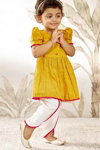 Girl's traditional janmashtami outfit - mustard cotton kurta dhoti set with thread embroidery floral print (size 22-30)