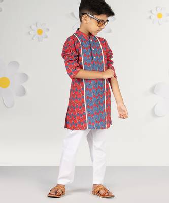  red kurta pyjama set - kantha work floral print cotton summer ethnic wear collection 1