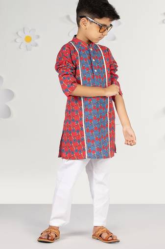 Boy's red kurta pyjama set - kantha work floral print cotton summer ethnic wear collection