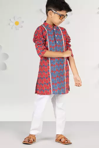 Boy's red kurta pyjama set - kantha work floral print cotton summer ethnic wear collection