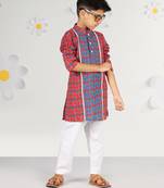  red kurta pyjama set - kantha work floral print cotton summer ethnic wear collection