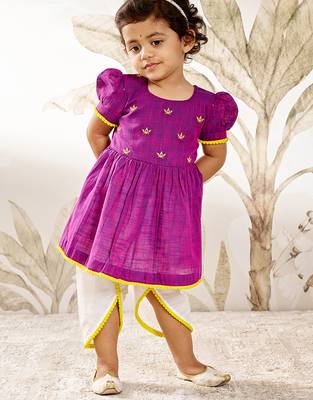 Girl's traditional janmashtami outfit - purple cotton kurta dhoti set with thread embroidery floral print (size 22-30) 1