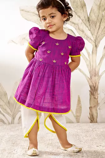 Girl's traditional janmashtami outfit - purple cotton kurta dhoti set with thread embroidery floral print (size 22-30)
