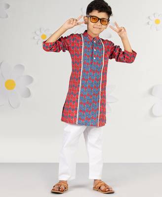  red kurta pyjama set - kantha work floral print cotton summer ethnic wear collection 2