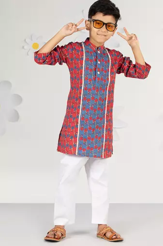  red kurta pyjama set - kantha work floral print cotton summer ethnic wear collection