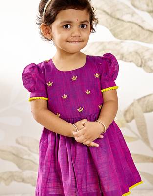 Girl's traditional janmashtami outfit - purple cotton kurta dhoti set with thread embroidery floral print (size 22-30) 2