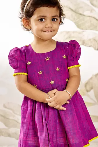 Girl's traditional janmashtami outfit - purple cotton kurta dhoti set with thread embroidery floral print (size 22-30)