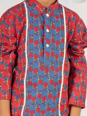  red kurta pyjama set - kantha work floral print cotton summer ethnic wear collection 3