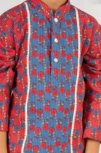  red kurta pyjama set - kantha work floral print cotton summer ethnic wear collection