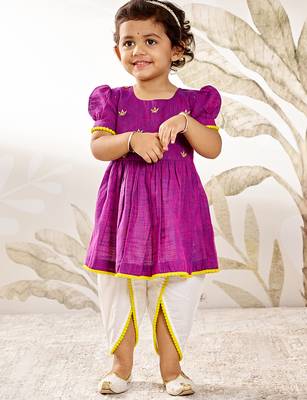 Girl's traditional janmashtami outfit - purple cotton kurta dhoti set with thread embroidery floral print (size 22-30) 3