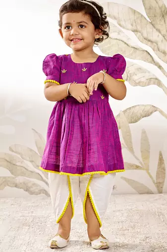 Girl's traditional janmashtami outfit - purple cotton kurta dhoti set with thread embroidery floral print (size 22-30)