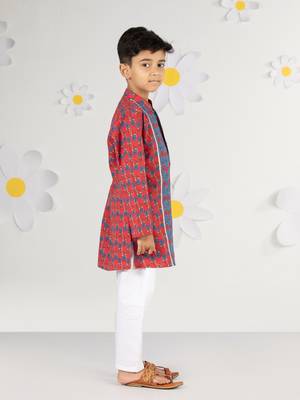  red kurta pyjama set - kantha work floral print cotton summer ethnic wear collection 4