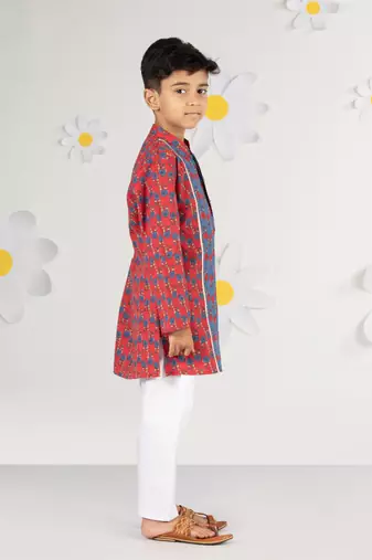  red kurta pyjama set - kantha work floral print cotton summer ethnic wear collection
