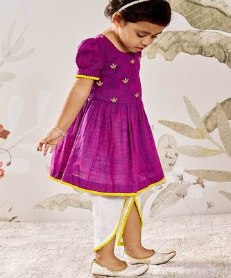 Girl's traditional janmashtami outfit - purple cotton kurta dhoti set with thread embroidery floral print (size 22-30) 4