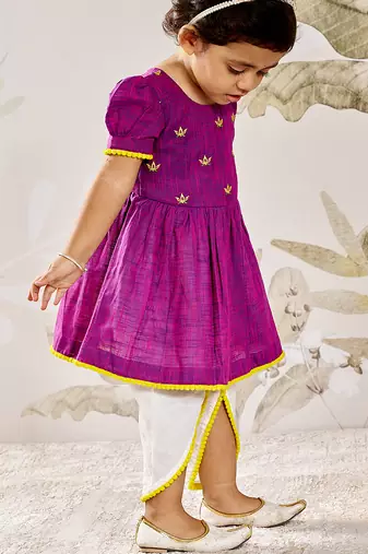 Girl's traditional janmashtami outfit - purple cotton kurta dhoti set with thread embroidery floral print (size 22-30)