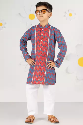 Boy's blue kurta pyjama set - kantha work floral print cotton summer ethnic wear collection