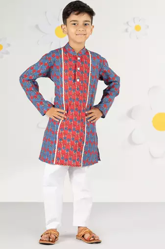  blue kurta pyjama set - kantha work floral print cotton summer ethnic wear collection