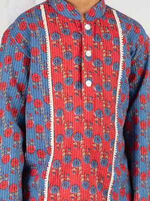  blue kurta pyjama set - kantha work floral print cotton summer ethnic wear collection 3
