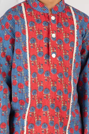  blue kurta pyjama set - kantha work floral print cotton summer ethnic wear collection
