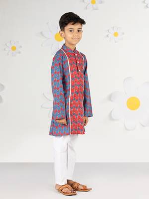  blue kurta pyjama set - kantha work floral print cotton summer ethnic wear collection 4