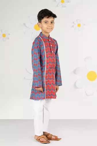  blue kurta pyjama set - kantha work floral print cotton summer ethnic wear collection