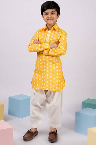 Boy's yellow linen slub kurta patiala set floral print - summer traditional wear (size 22-30)