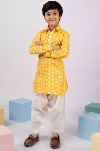 Boy's yellow linen slub kurta patiala set floral print - summer traditional wear (size 22-30)