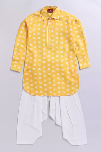  yellow linen slub kurta patiala set floral print - summer traditional wear (size 22-30)
