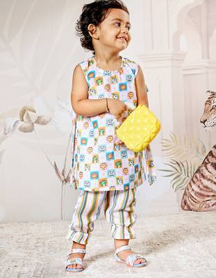 Girl's cotton clothing set - white digital print summer top & pant set ages 12-20 1