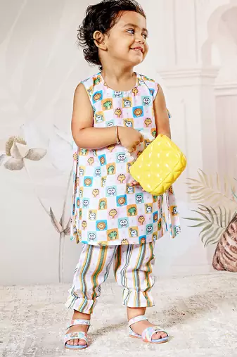 Girl's cotton clothing set - white digital print summer top & pant set ages 12-20