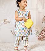 Girl's cotton clothing set - white digital print summer top & pant set ages 12-20