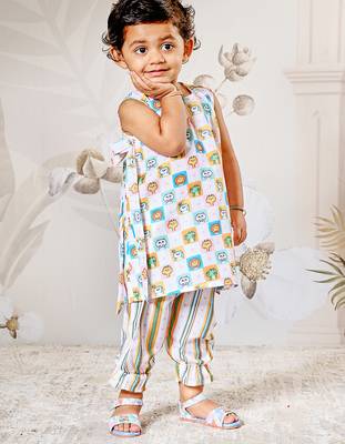 Girl's cotton clothing set - white digital print summer top & pant set ages 12-20 3