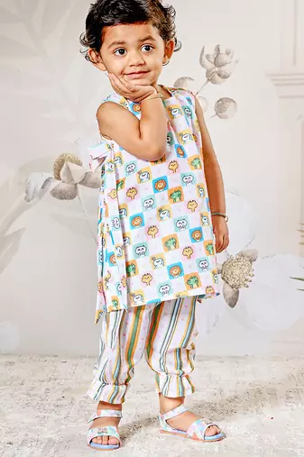 Girl's cotton clothing set - white digital print summer top & pant set ages 12-20