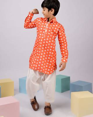  orange linen slub kurta patiala set floral print - summer traditional wear (size 22-30) 1