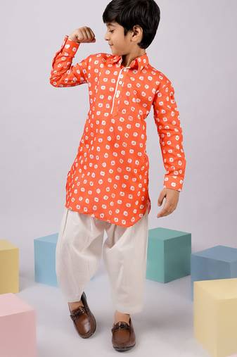 Boy's orange linen slub kurta patiala set floral print - summer traditional wear (size 22-30)