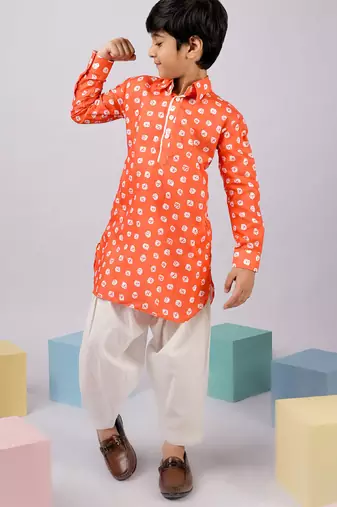 Boy's orange linen slub kurta patiala set floral print - summer traditional wear (size 22-30)
