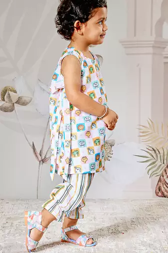 Girl's cotton clothing set - white digital print summer top & pant set ages 12-20