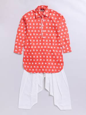 orange linen slub kurta patiala set floral print - summer traditional wear (size 22-30) 2