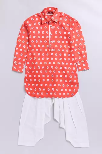  orange linen slub kurta patiala set floral print - summer traditional wear (size 22-30)