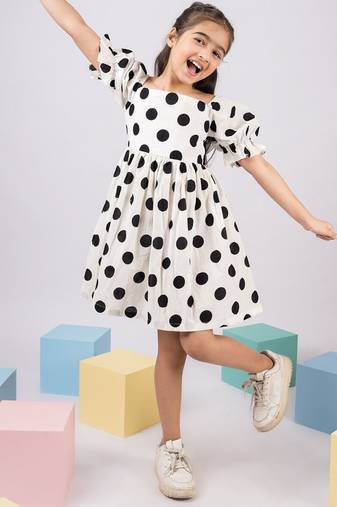 Girl's white polka dot cotton dress - classic summer dress with puffed sleeves (ages 2-8)
