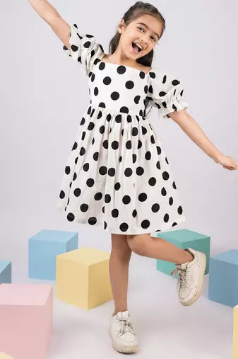 Girl's white polka dot cotton dress - classic summer dress with puffed sleeves (ages 2-8)