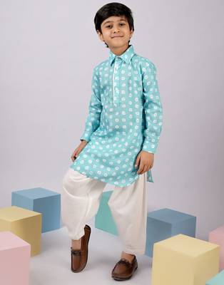 aqua linen slub kurta patiala set floral print - summer traditional wear (size 22-30) 1