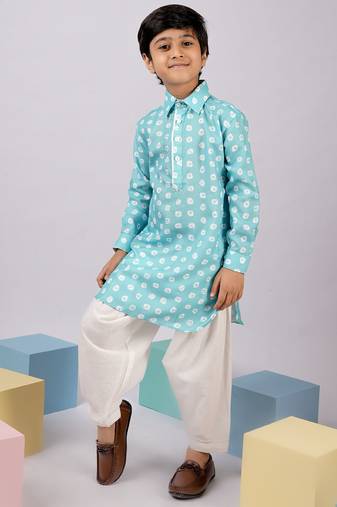 Boy's aqua linen slub kurta patiala set floral print - summer traditional wear (size 22-30)