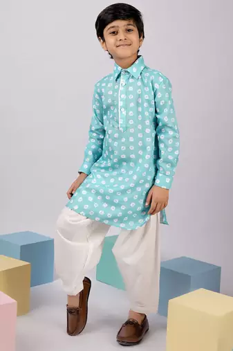 Boy's aqua linen slub kurta patiala set floral print - summer traditional wear (size 22-30)