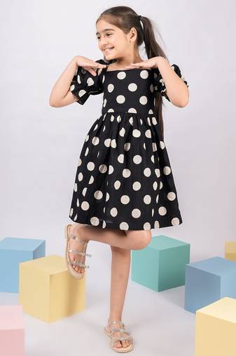 Girl's black polka dot cotton dress - vintage style summer dress with puffed sleeves (ages 2-8)