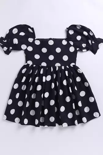 Girl's black polka dot cotton dress - vintage style summer dress with puffed sleeves (ages 2-8)